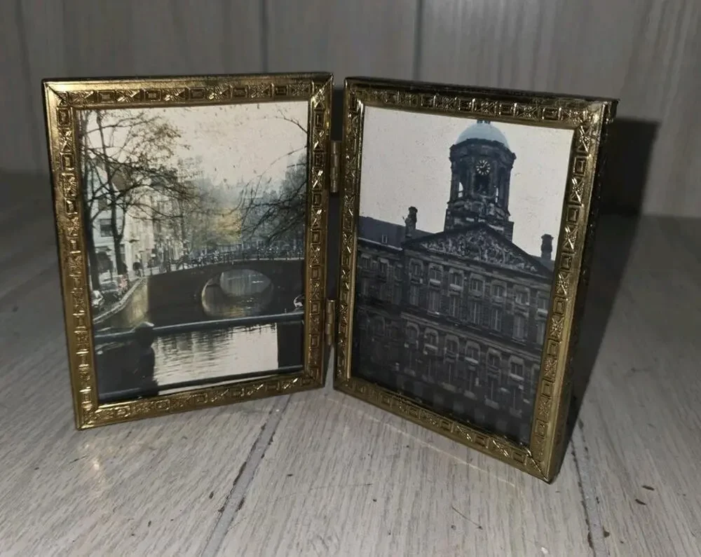 Vtg. MCM Bifold Metal Double Picture Frame Gold 3x4 Photos Egyptian Etched